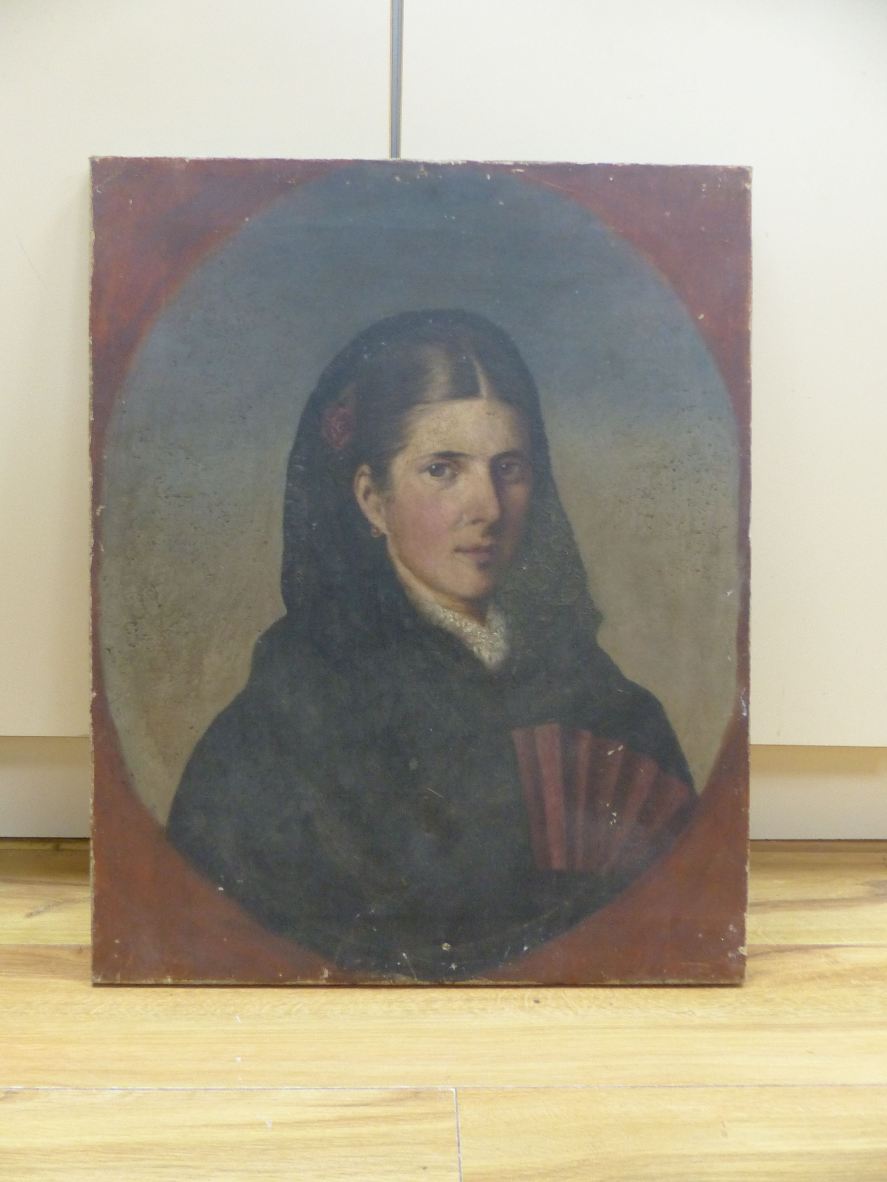 19th century English School, oil on canvas, Portrait of a Spanish woman, 64 x 51cm, unframed